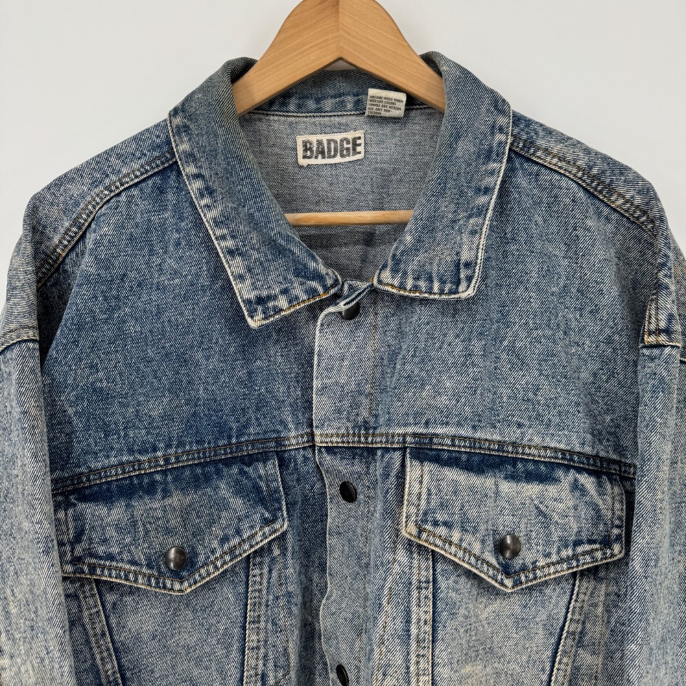 Vintage Badge XL Acid Wash Denim Jacket Mens Button Front Distressed Grunge